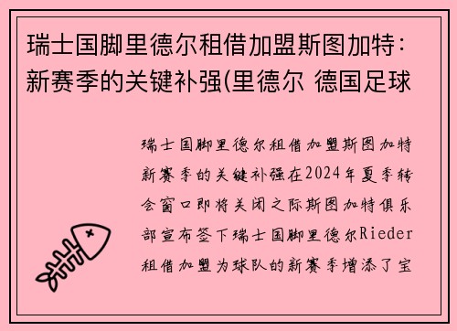 瑞士国脚里德尔租借加盟斯图加特:新赛季的关键补强(里德尔 德国足球)