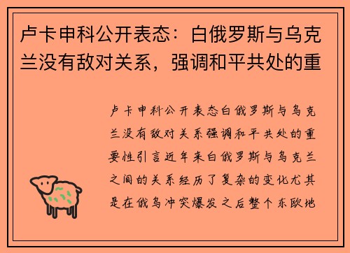卢卡申科公开表态:白俄罗斯与乌克兰没有敌对关系,强调和平共处的重要性