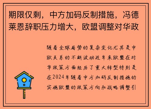 期限仅剩，中方加码反制措施，冯德莱恩辞职压力增大，欧盟调整对华政策